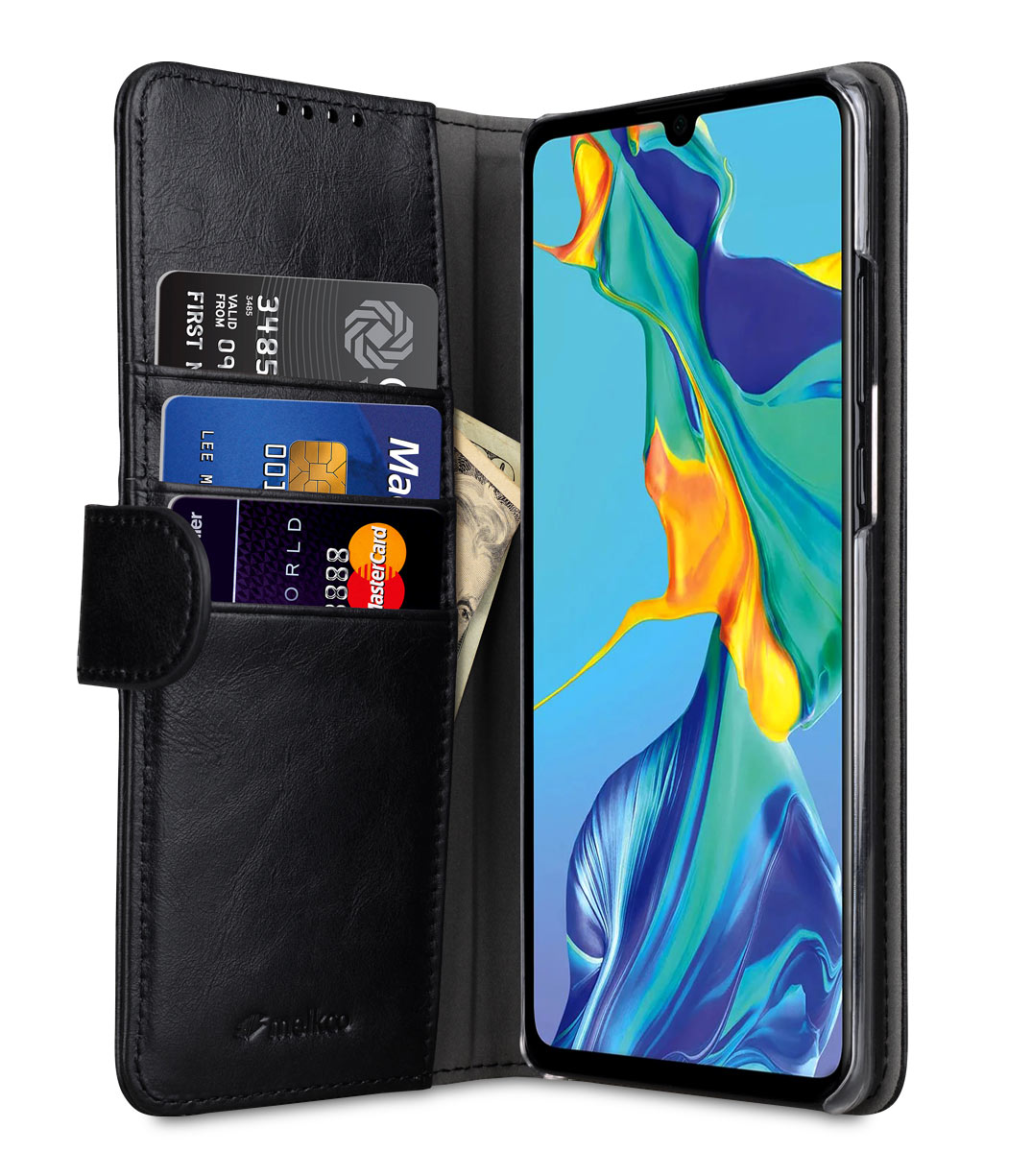 Melkco Wallet Book Series Premium Leather Wallet Book Clear Type Stand Case for Huawei P30 Pro - ( Black )