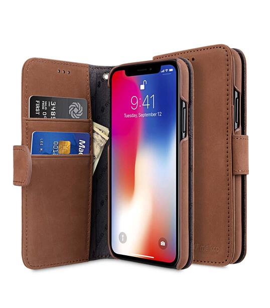 Melkco Premium Leather Case for Apple iPhone X - Wallet Book Type (Classic Vintage Brown)
