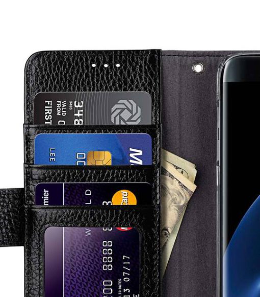 Premium Leather Case for Samsung Galaxy S7 Edge - Wallet Book ID Slot Type (Black LC)